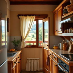 A beautifully designed rustic kitchen measuring approximately 2/5 by 1/6 meters, featuring warm wooden cabinetry and a charming, country-style design