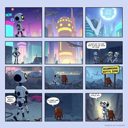 A storyboard concept for 'Robots with a Heart', consisting of 12 frames that illustrate the poignant journey of a small robot in a futuristic city