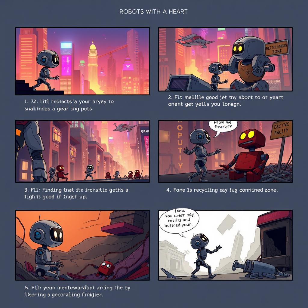 A storyboard concept for 'Robots with a Heart', consisting of 12 frames that illustrate the poignant journey of a small robot in a futuristic city