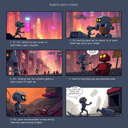 A storyboard concept for 'Robots with a Heart', consisting of 12 frames that illustrate the poignant journey of a small robot in a futuristic city
