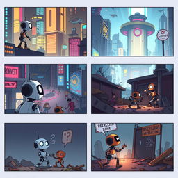 A storyboard concept for 'Robots with a Heart', consisting of 12 frames that illustrate the poignant journey of a small robot in a futuristic city