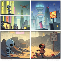 A storyboard concept for 'Robots with a Heart', consisting of 12 frames that illustrate the poignant journey of a small robot in a futuristic city