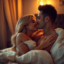 A sensual and intimate scene set in a dimly lit apartment, featuring a close-up of a couple in an affectionate embrace