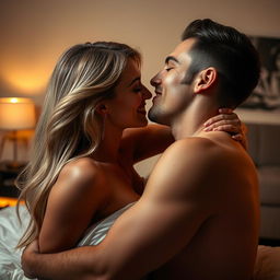 A sensual and intimate scene set in a dimly lit apartment, featuring a close-up of a couple in an affectionate embrace