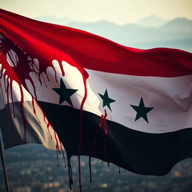 A powerful and evocative image of the Syrian flag, dramatically stained with red to symbolize blood