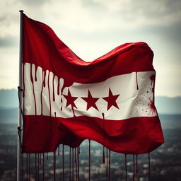 A powerful and evocative image of the Syrian flag, dramatically stained with red to symbolize blood