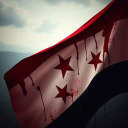 A powerful and evocative image of the Syrian flag, dramatically stained with red to symbolize blood