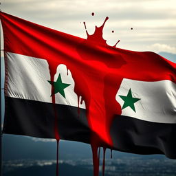 A powerful and evocative image of the Syrian flag, dramatically stained with red to symbolize blood