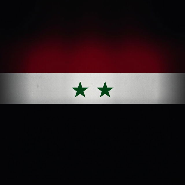 A somber representation of the Syrian flag, displaying the vertical stripes of red, white, and black with two green stars in the center