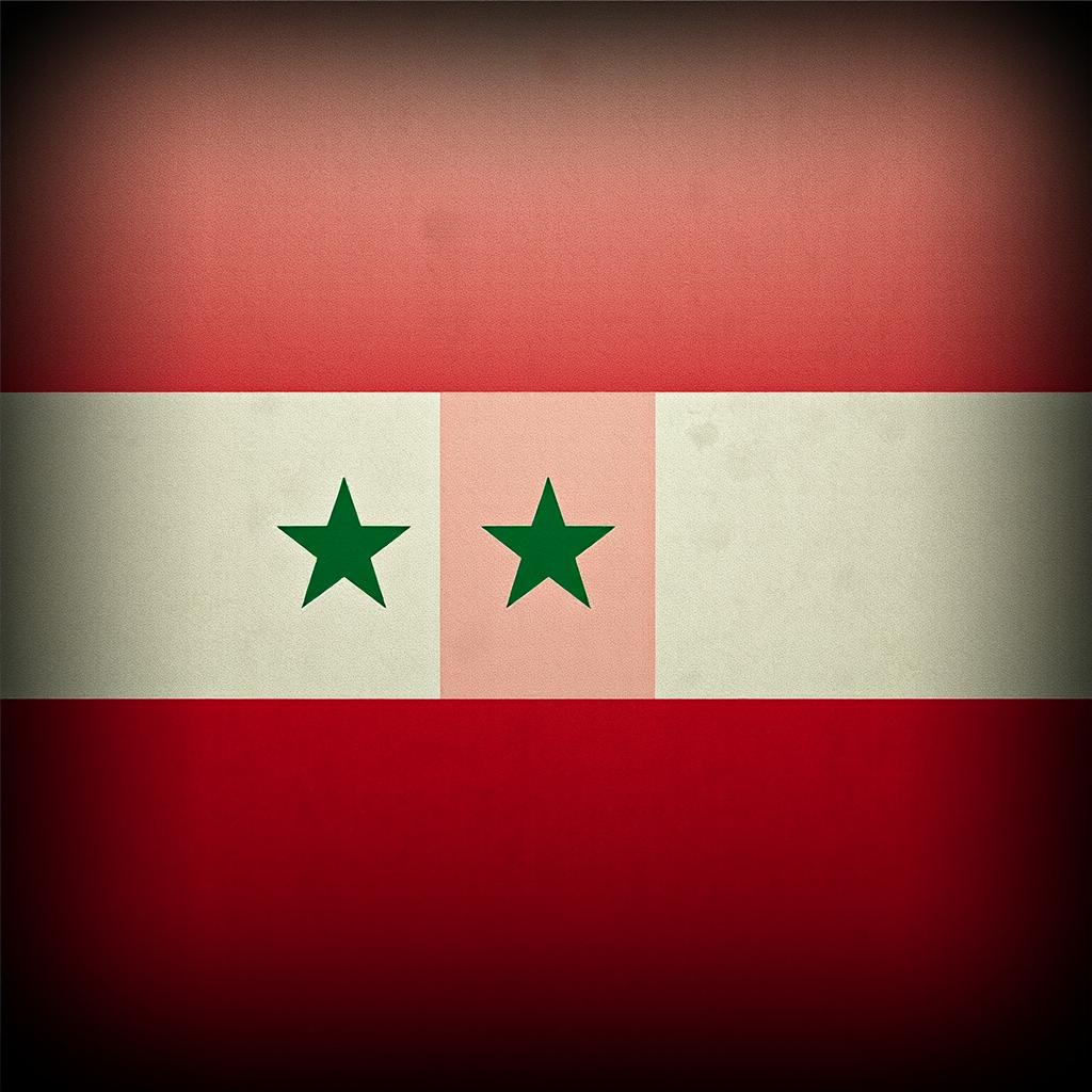 A somber representation of the Syrian flag, displaying the vertical stripes of red, white, and black with two green stars in the center