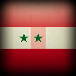 A somber representation of the Syrian flag, displaying the vertical stripes of red, white, and black with two green stars in the center