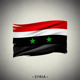 A somber representation of the Syrian flag, displaying the vertical stripes of red, white, and black with two green stars in the center
