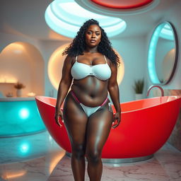 A full-body image of a beautiful mature African American woman aged 50, with curly black hair, possessing a curvy physique, featuring large breasts size 42DD, wide hips, a very slender waist, thick thighs, and beautiful, firm legs