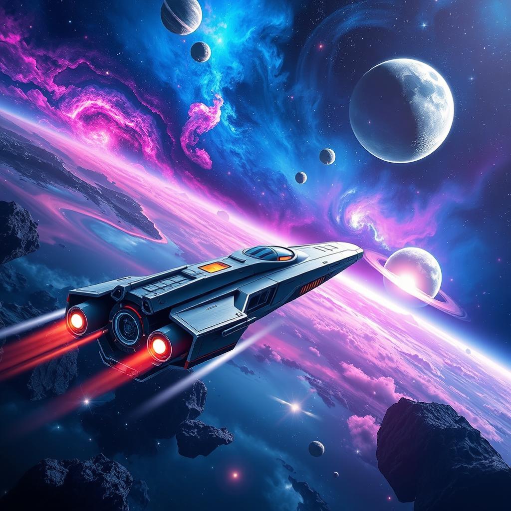 A stunning sci-fi book cover featuring a dynamic space exploration scene