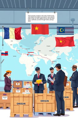 An educational illustration showing customs officers inspecting goods at a border