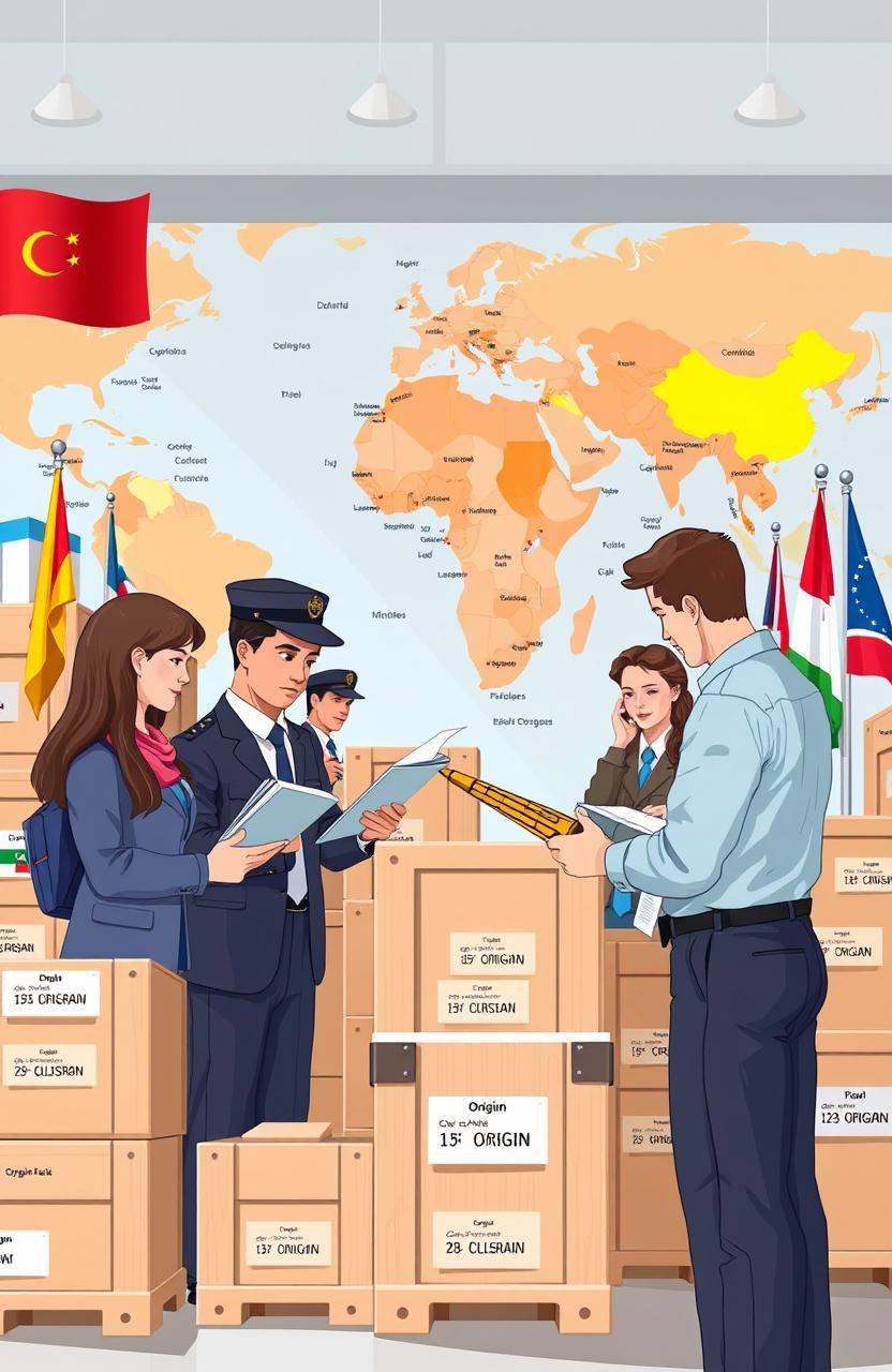 An educational illustration showing customs officers inspecting goods at a border
