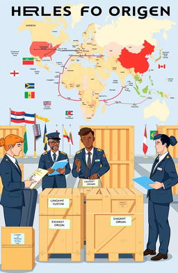 An educational illustration showing customs officers inspecting goods at a border