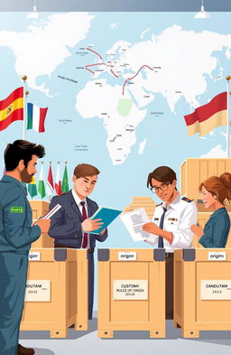 An educational illustration showing customs officers inspecting goods at a border