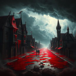 A dramatic scene depicting the town of Soran as if it were literally bleeding