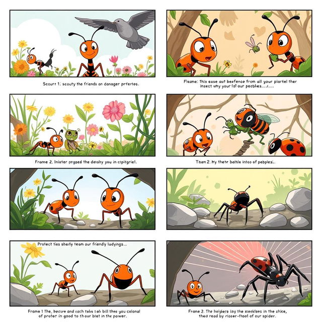 A storyboard consisting of 16 frames depicting the adventures of a brave ant and its insect friends in their micro-world