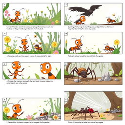 A storyboard consisting of 16 frames depicting the adventures of a brave ant and its insect friends in their micro-world
