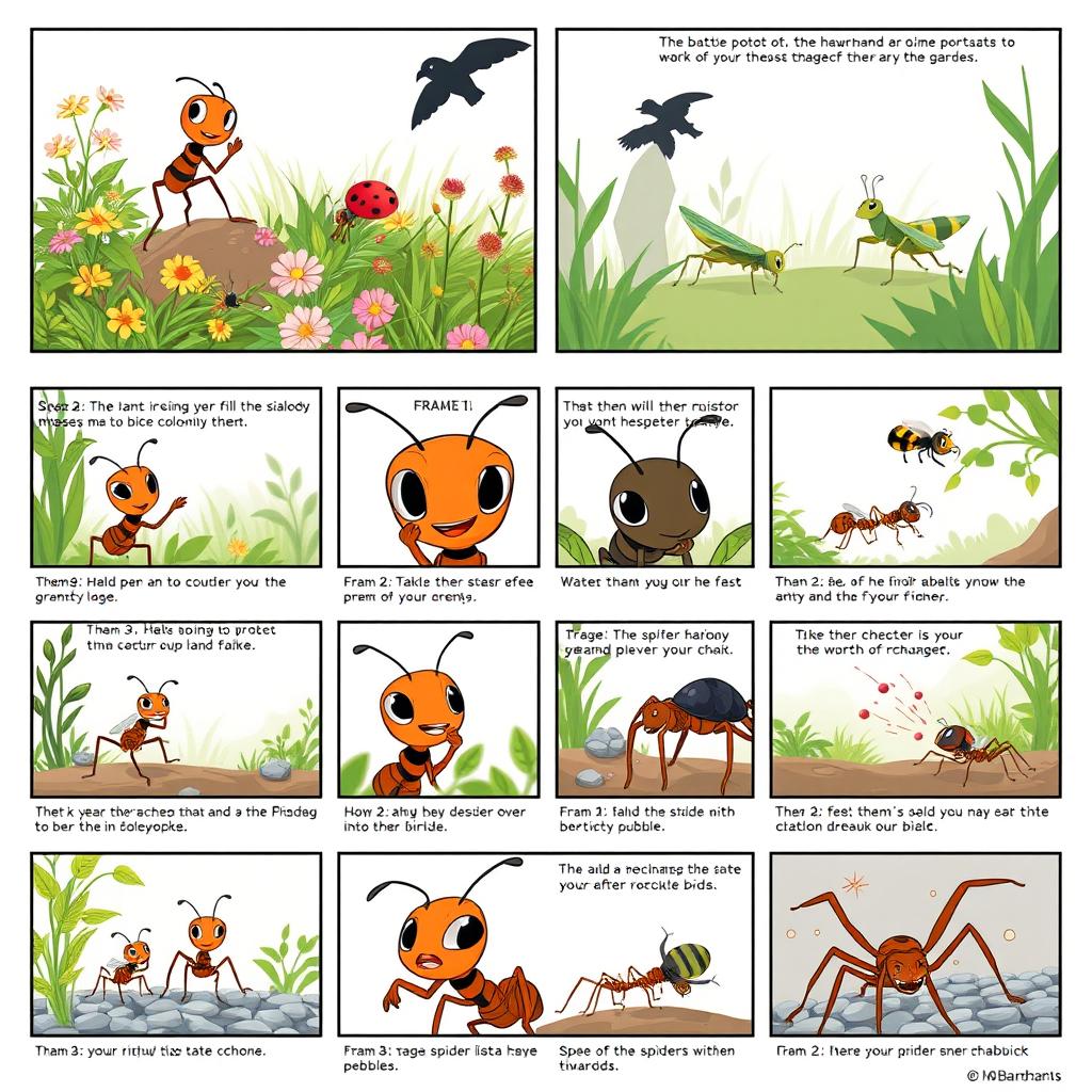 A storyboard consisting of 16 frames depicting the adventures of a brave ant and its insect friends in their micro-world