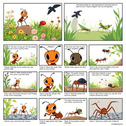 A storyboard consisting of 16 frames depicting the adventures of a brave ant and its insect friends in their micro-world