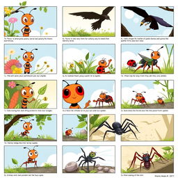 A storyboard consisting of 16 frames depicting the adventures of a brave ant and its insect friends in their micro-world
