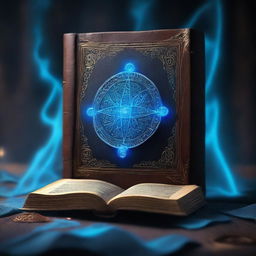 A high-quality digital art image showcasing an ancient book, its pages filled with cryptic writings, centrally positioned