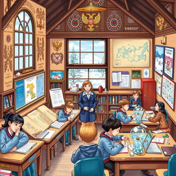 An intricate and informative illustration depicting the Russian education system