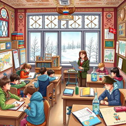 An intricate and informative illustration depicting the Russian education system