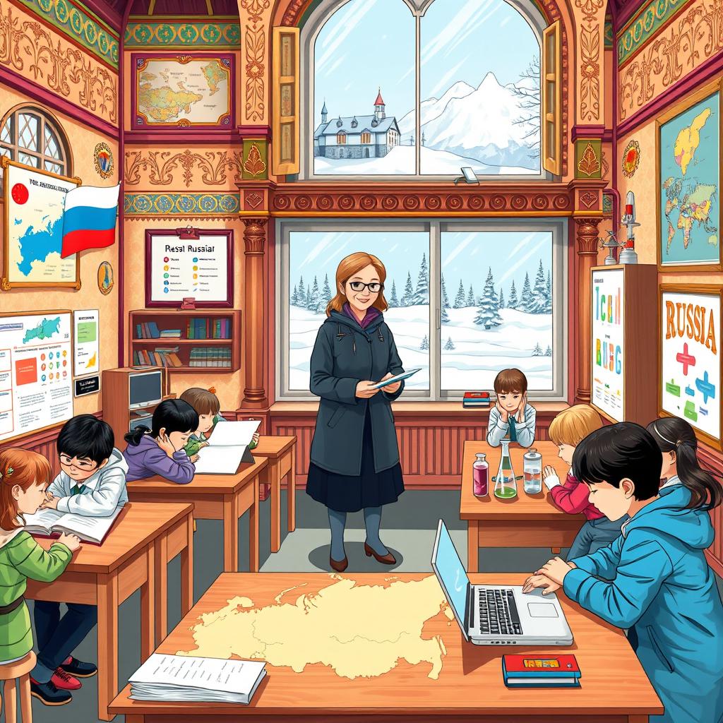An intricate and informative illustration depicting the Russian education system