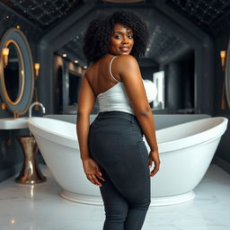 A full-body image of a beautiful mature African American woman aged 50, with curly black hair, possessing a curvy physique, featuring large breasts size 42DD, wide hips, a very slender waist, thick thighs, and beautiful, firm legs