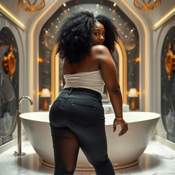 A full-body image of a beautiful mature African American woman aged 50, with curly black hair, possessing a curvy physique, featuring large breasts size 42DD, wide hips, a very slender waist, thick thighs, and beautiful, firm legs