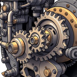 A detailed illustration of a mechanical machine featuring three interconnected gears, designed to imitate a bicycle's gear system