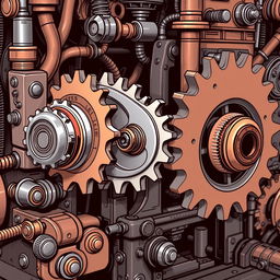 A detailed illustration of a mechanical machine featuring three interconnected gears, designed to imitate a bicycle's gear system