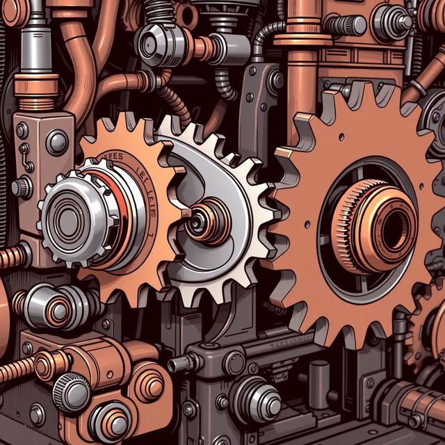 A detailed illustration of a mechanical machine featuring three interconnected gears, designed to imitate a bicycle's gear system