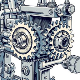 A detailed illustration of a mechanical machine featuring three interconnected gears, designed to imitate a bicycle's gear system