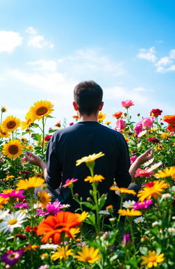 A serene scene depicting personal growth amidst a vibrant garden filled with colorful flowers