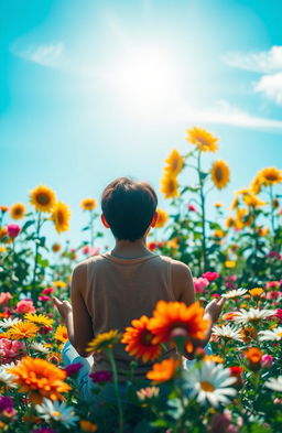 A serene scene depicting personal growth amidst a vibrant garden filled with colorful flowers