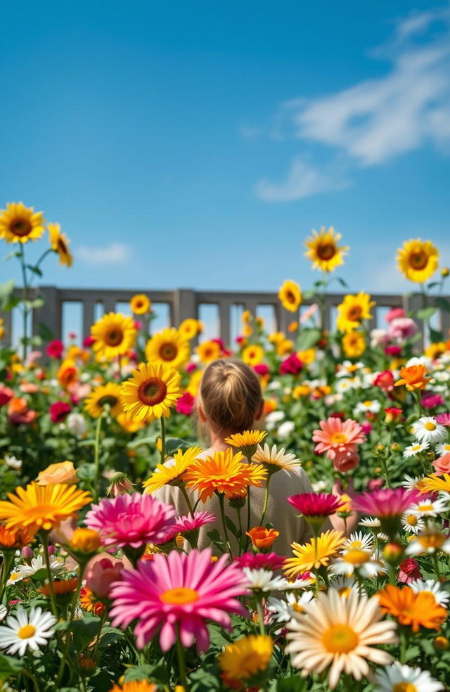 A serene scene depicting personal growth amidst a vibrant garden filled with colorful flowers