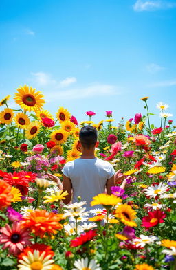 A serene scene depicting personal growth amidst a vibrant garden filled with colorful flowers