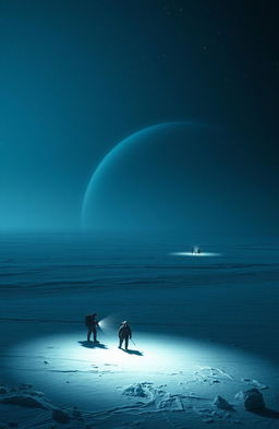 A gripping scene depicting a dark and eerie landscape on Europa, one of Jupiter's moons