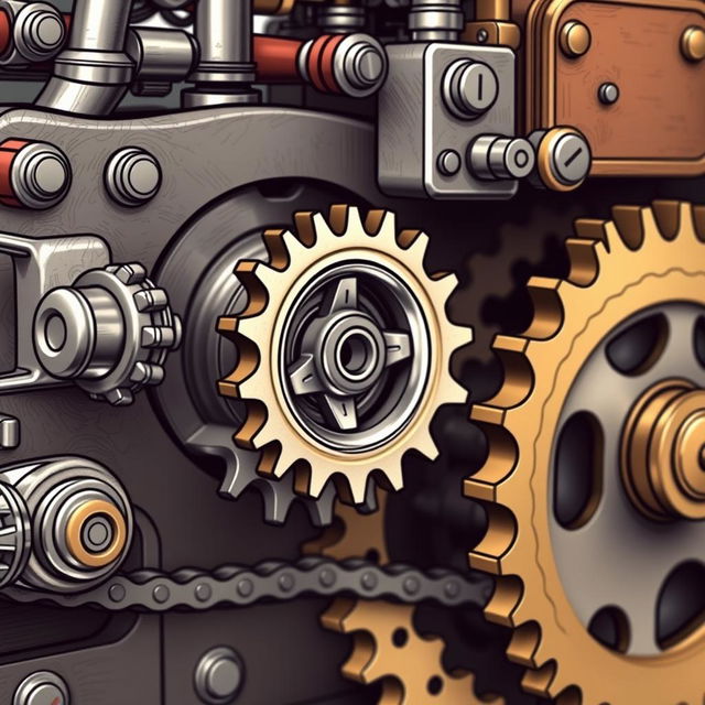 A detailed illustration of a mechanical machine with three interconnected gears, mimicking the functionality of a bicycle's gear system
