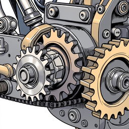 A detailed illustration of a mechanical machine with three interconnected gears, mimicking the functionality of a bicycle's gear system