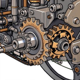 A detailed illustration of a mechanical machine with three interconnected gears, mimicking the functionality of a bicycle's gear system