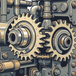 A detailed illustration of a mechanical machine with three interconnected gears, mimicking the functionality of a bicycle's gear system