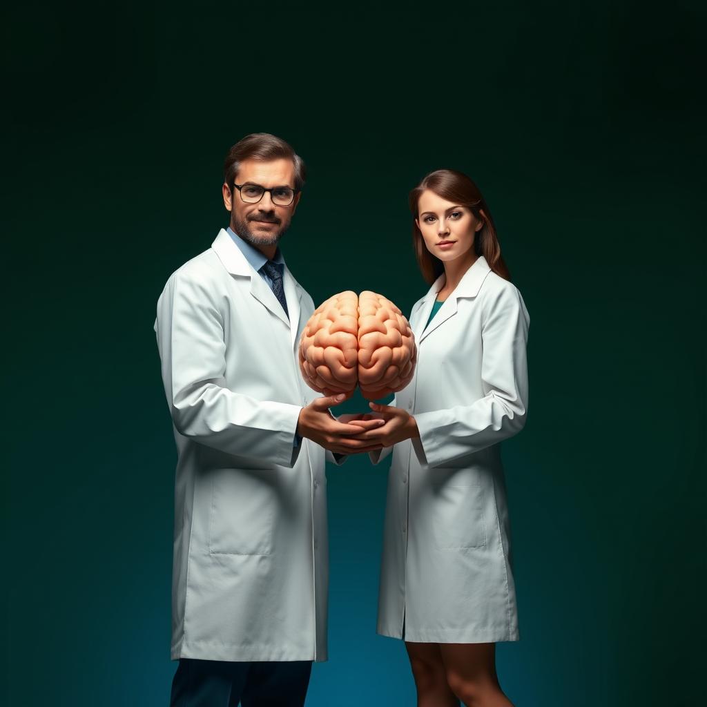 A minimalist image showcasing a male professor and a female professor in a bold stance, both facing the camera with a confident expression