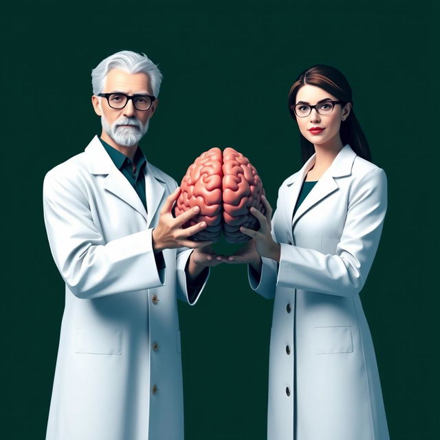 A minimalist image showcasing a male professor and a female professor in a bold stance, both facing the camera with a confident expression