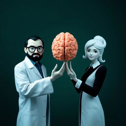 A minimalist image showcasing a male professor and a female professor in a bold stance, both facing the camera with a confident expression